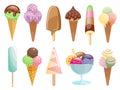 Cartoon ice cream vector set. Collection ice-cream cones and ice-cream on a stick isolated on white background. Vector Royalty Free Stock Photo