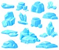 Cartoon ice pieces. Icicle glacier iceberg, frozen berg blocks, blue cold clean crystal, piece snow floe, freeze glass
