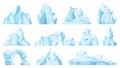 Cartoon iceberg. Drifting arctic glacier or ice rock. Frozen water, antarctic ice peaks, icy mountain for game, nature objects
