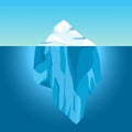 Cartoon iceberg in water. Big iceberg floating in ocean with underwater part. Clear water with ice mountain, global warming vector