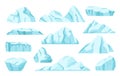 Cartoon icebergs, arctic ice rocks, antarctic glaciers. North pole frozen icy mountain, ice floe, floating iceberg