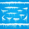 Cartoon icicles ice cap. Winter frosted snow frame for snowfall sign. Top of snowcap, snowed frames borders vector set