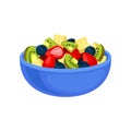 Flat vector icon of appetizing fruit salad. Sliced kiwi and pineapple, juicy strawberry and blueberry in blue ceramic