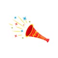 Bright red plastic trumpet. Festive Brazilian vuvuzela. Carnival noisemaker. Flat vector for promo poster or banner