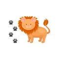 Cartoon icon of cute lion and his footprints. Wild African animal. Flat vector element for children book or mobile game Royalty Free Stock Photo