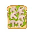 Cartoon icon of delicious and healthy sandwich. Slice of rye bread with lettuce leaves and mushrooms