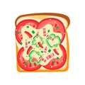 Flat vector icon of delicious sandwich. Toast bread with slices of tomatoes, pepper and bacon. Tasty snack for lunch Royalty Free Stock Photo