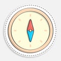 Cartoon icon of doodle compass with arrow and scale. Travel, device for determining location and direction of tourist. Vector