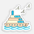 Cartoon icon of doodle Cruise ship for ocean voyages on sea waves. Multi deck liner for sea recreation. Vector isolated on white
