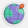 Cartoon icon of doodle globe with checkpoint mark. Navigation on map using GPS system. Vector isolated on white background