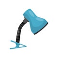 Flat vector icon of flexible clip table lamp with blue metal lampshade. Modern lighting device. Decorative interior