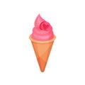 Ice-cream in waffle cone decorated with pink heart. Tasty dessert. Sweet food. Valentine s day theme. Flat vector icon