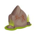 Flat vectir icon of large stone with drawing on green grass. Prehistoric rock-painting. Ancient man hunting for animal