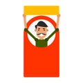 Cartoon icon man. Vector illustration young guy with a sign in f