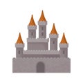 Medieval fantasy castle. Great royal fortress with high towers and red conical roofs. Flat vector element for mobile