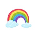 Cartoon icon of multicolored rainbow with two blue clouds Flat vector element for children room decor or greeting card