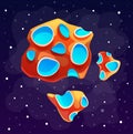 Pieces of asteroid flying among stars in space, pieces of stones with craters, game icon in galaxy