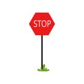 Cartoon icon of red traffic sign with word Stop . Motion without stopping is prohibited. Flat vector design for Royalty Free Stock Photo