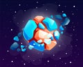 Cartoon icon of rock planet with moving stones orbit around, galaxy theme, icon for game using