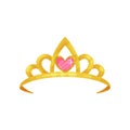 Cartoon icon of shiny princess crown with precious pink stone in shape of heart. Golden ancient queen tiara. Symbol of Royalty Free Stock Photo