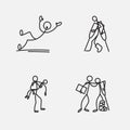 Cartoon icon of sketch stick figures in cute miniature scenes.