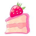 Cartoon icon of a slice of strawberry sponge cake with jam and berry sauce.