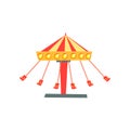 Cartoon icon of swinging carousel with seats on chains in motion. Children`s attraction. Amusement park or funfair. Flat