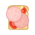 Flat vector icon of tasty sandwich. Bread with slices of sausage and fresh tomatoes. Food for breakfast or lunch Royalty Free Stock Photo