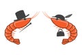 Cartoon icon of two shrimps opposite each other in male and female hats. A cane and a handbag in the paws of each shrimp