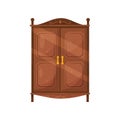Flat vector icon of vintage wooden cabinet with golden handles. Classic furniture for bedroom. Brown cupboard Royalty Free Stock Photo