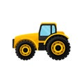 Yellow tractor with large wheels, side view. Heavy machinery. Farm equipment. Modern agricultural vehicle. Flat vector