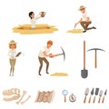 Cartoon flat icons set with tools for archaeological excavations, dinosaur skeleton, and people-archaeologists in Royalty Free Stock Photo