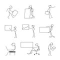 Cartoon icons set of sketch stick figures in cute miniature scenes. Royalty Free Stock Photo