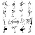 Cartoon icons set of sketch stick musician figures in cute miniature scenes. Royalty Free Stock Photo