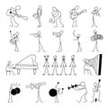 Cartoon icons set of sketch stick musician figures in cute miniature scenes. Royalty Free Stock Photo