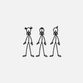 Cartoon icons of sketch stick singer figures trio in cute miniature scenes.