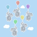 Cartoon illustrating with little elephants flying holding a colorful balloon, can be used as a print on children s