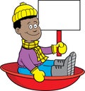 Cartoon African American boy sitting in a sled and holding a sign. Royalty Free Stock Photo