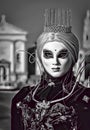 Cartoon illustration of amazing blond princess with crown and mask during Venice Carnival in Italy