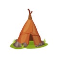 Flat vector icon of ancient man hut on green grass surrounded by small stones. Home of prehistoric people made of animal Royalty Free Stock Photo