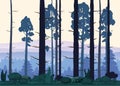 Cartoon illustration of background forest. Bright forest woods, silhouttes, trees with bushes, ferns and flowers. For