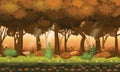 Cartoon illustration of background forest. Bright forest woods, silhouttes, trees with bushes, ferns and flowers. For