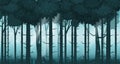 Cartoon illustration of background forest. Bright forest woods, silhouttes, trees with bushes, ferns and flowers. For