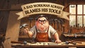Cartoon illustration of a bad workman blaming his tools in his messy workshop Royalty Free Stock Photo