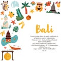 Cartoon illustration with Bali landmarks, symbols