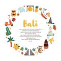 Cartoon illustration with Bali landmarks, symbols