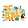 Cartoon illustration with Bali landmarks, symbols