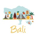 Cartoon illustration with Bali landmarks, symbols