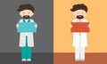 Cartoon illustration of a bearded standing man, doctor or professor. Holding in hand blank sign or baner of different colors with