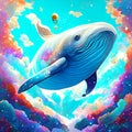 Cartoon illustration of a beautiful whale swimming in the ocean. Fantasy world. Generative AI
